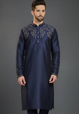 Navy dupion silk embroidered kurta 1