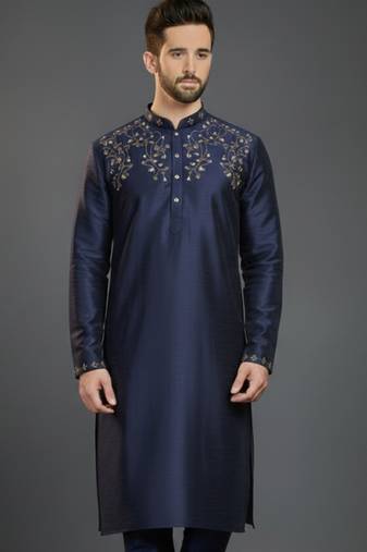 Navy dupion silk embroidered kurta