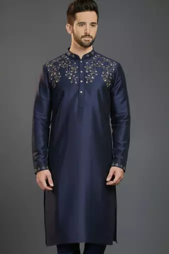Navy dupion silk embroidered kurta