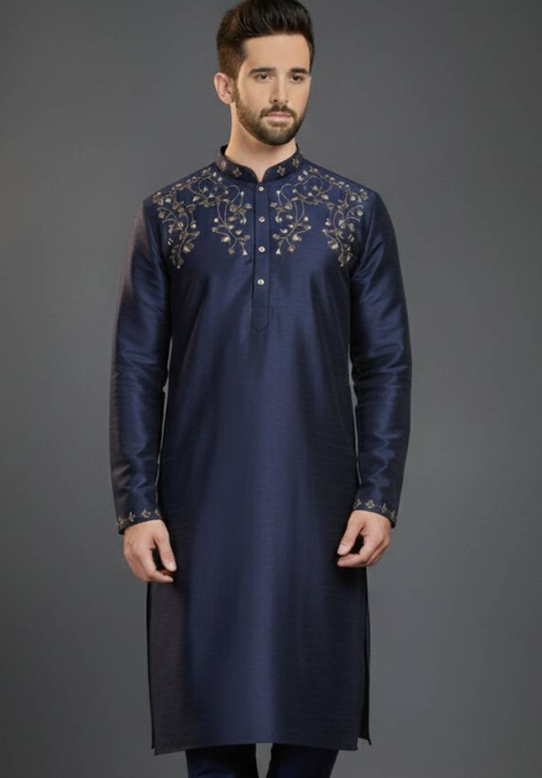 Navy dupion silk embroidered kurta