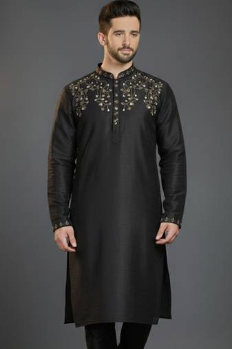 Black dupion silk embroidered kurta