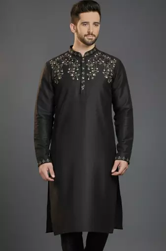 Black dupion silk embroidered kurta