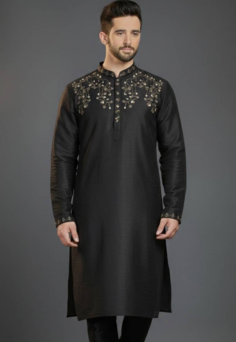Black dupion silk embroidered kurta