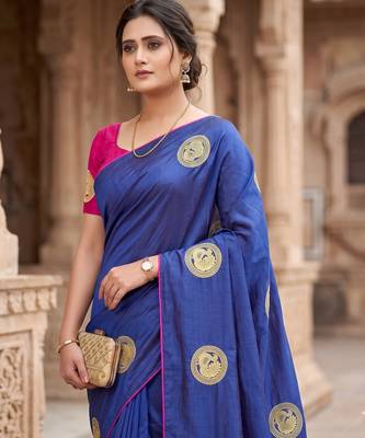 Women's sana silk designer zari & thread embroidery festive saree with blouse 1