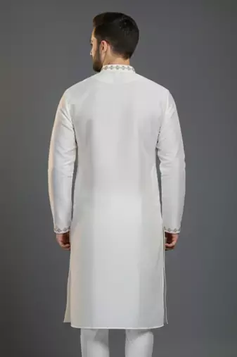 White dupion silk embroidered kurta
