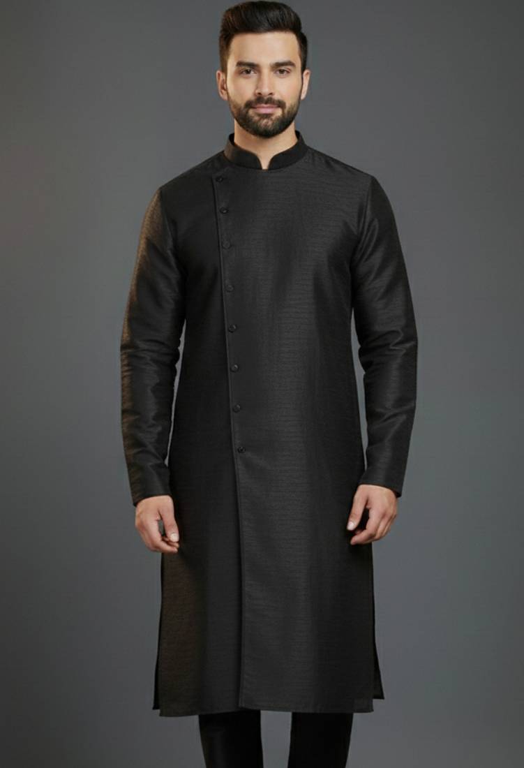 Black dupion silk embroidered kurta