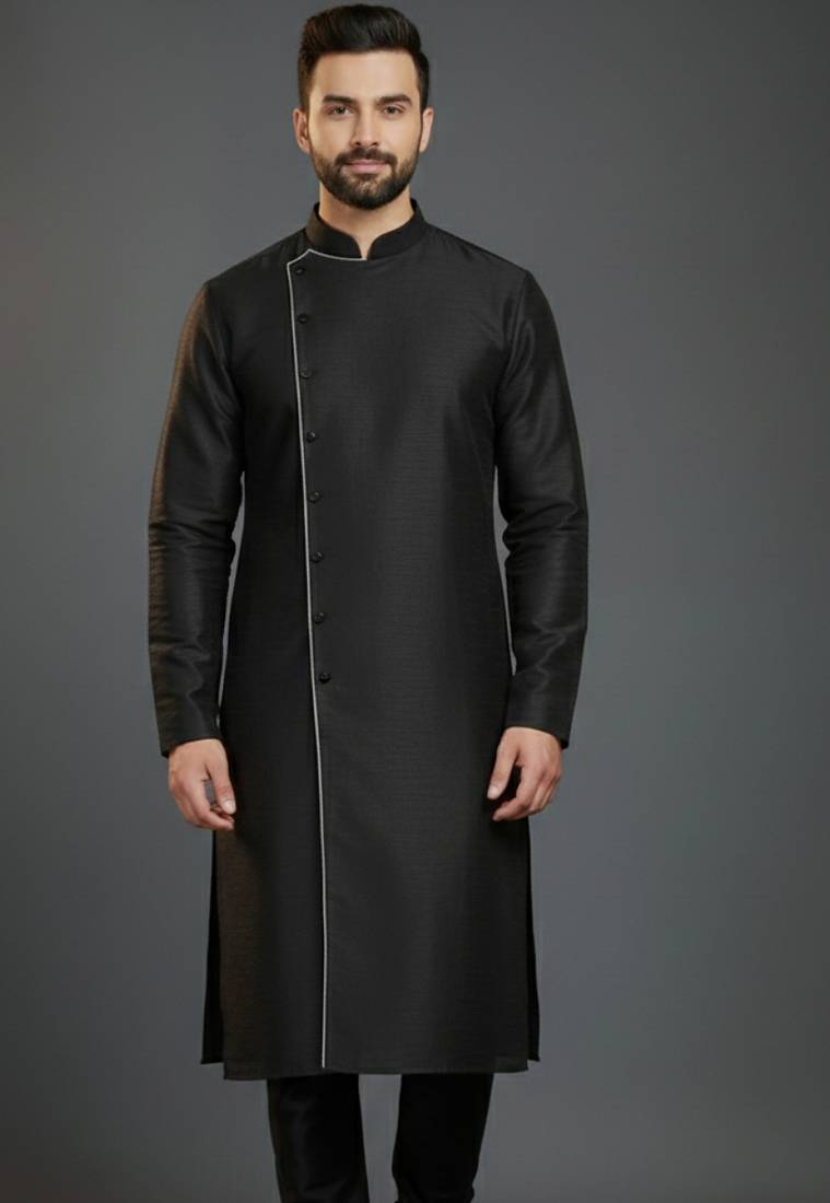 Black dupion silk embroidered kurta