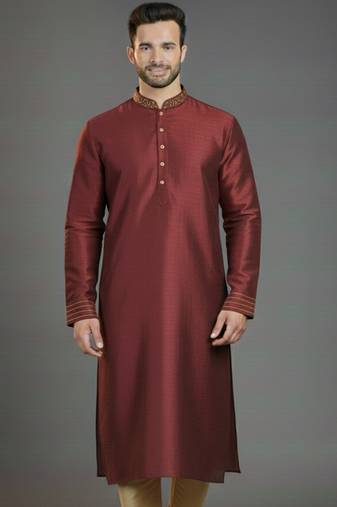 Maroon embroidery dupion silk kurta