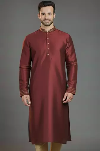 Maroon embroidery dupion silk kurta