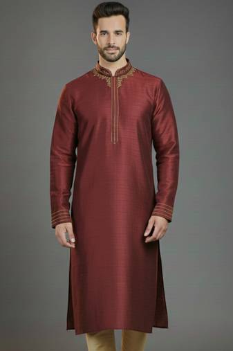 Maroon embroidery dupion silk kurta