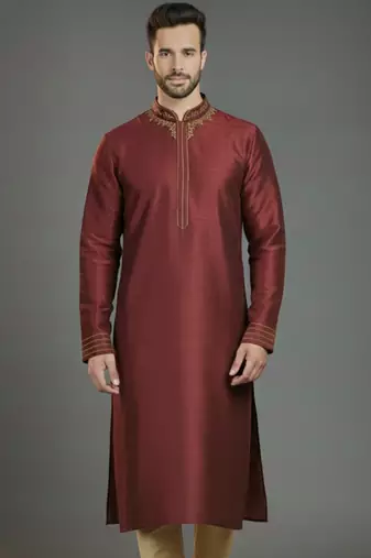 Maroon embroidery dupion silk kurta