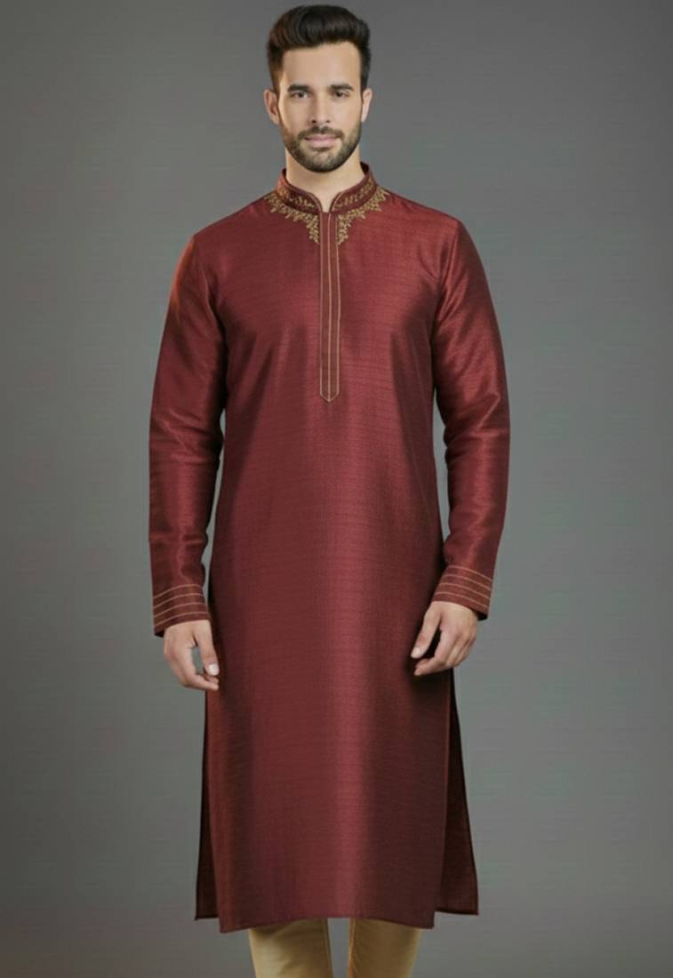 Maroon embroidery dupion silk kurta