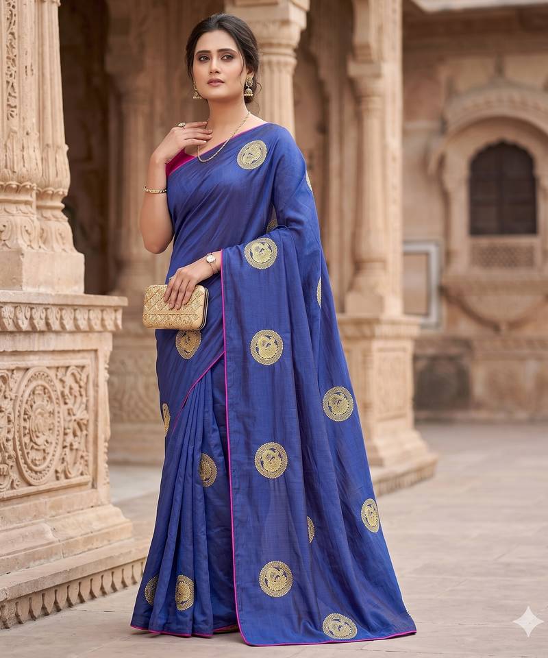 Women's sana silk designer zari & thread embroidery festive saree with blouse