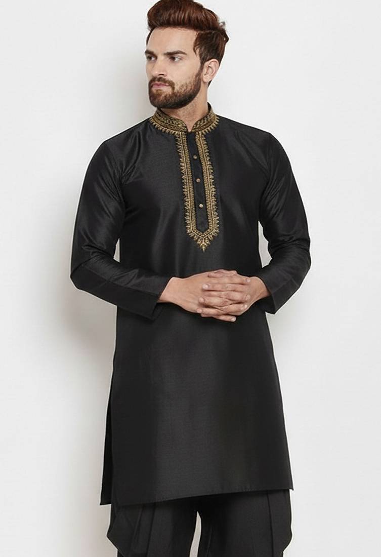 Black embroidery dupion silk kurta