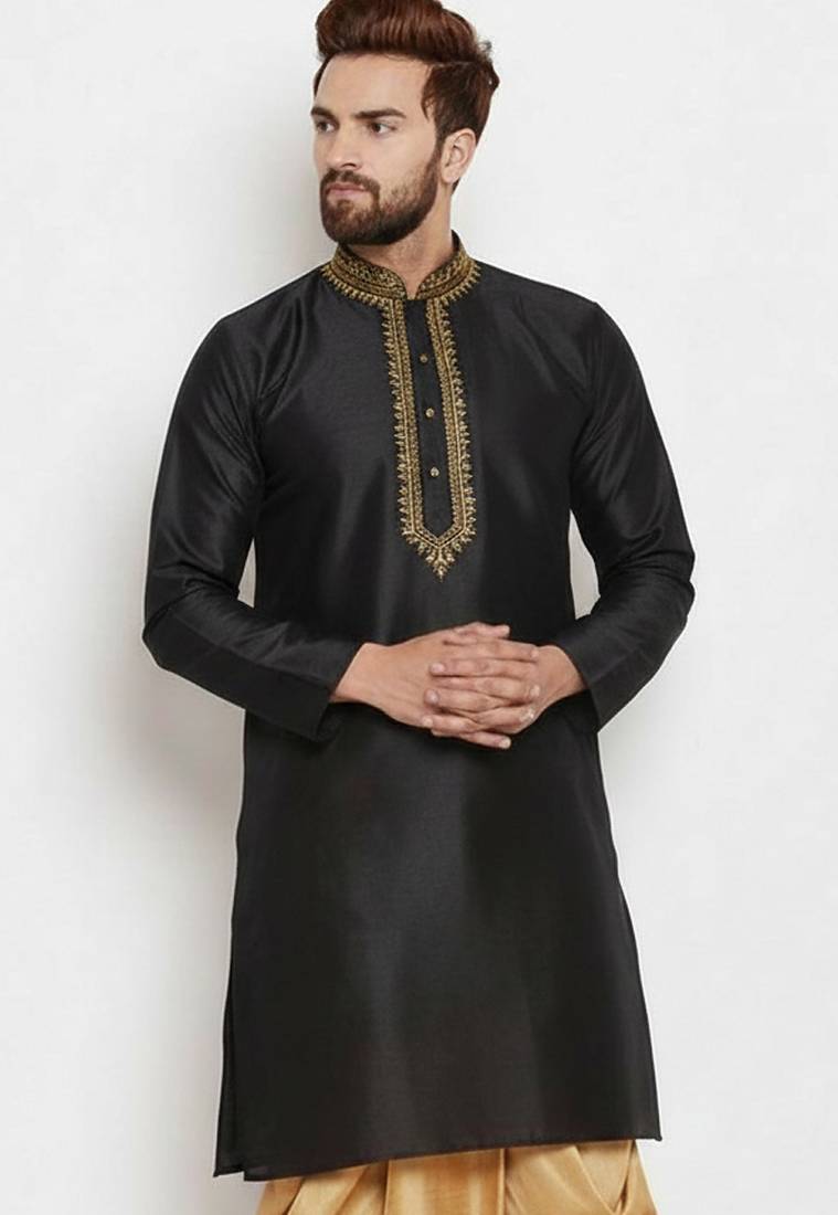 Black embroidery dupion silk kurta