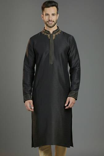 Black embroidery dupion silk kurta