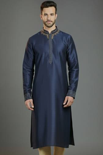 Navy embroidery dupion silk kurta