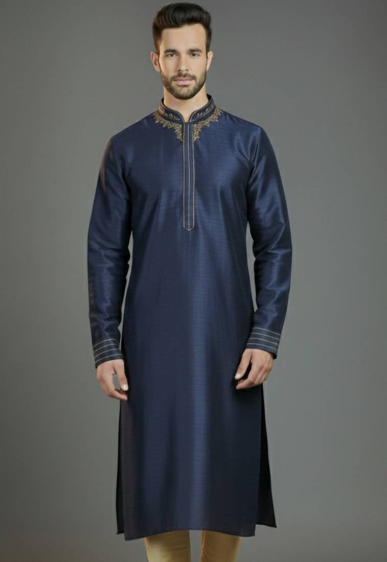 Navy embroidery dupion silk kurta