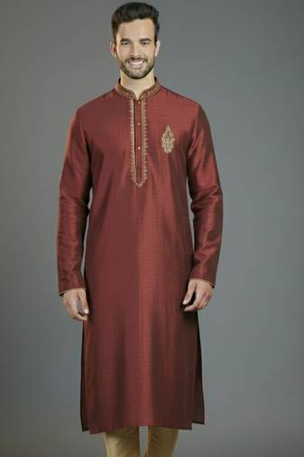Maroon embroidery dupion silk kurta