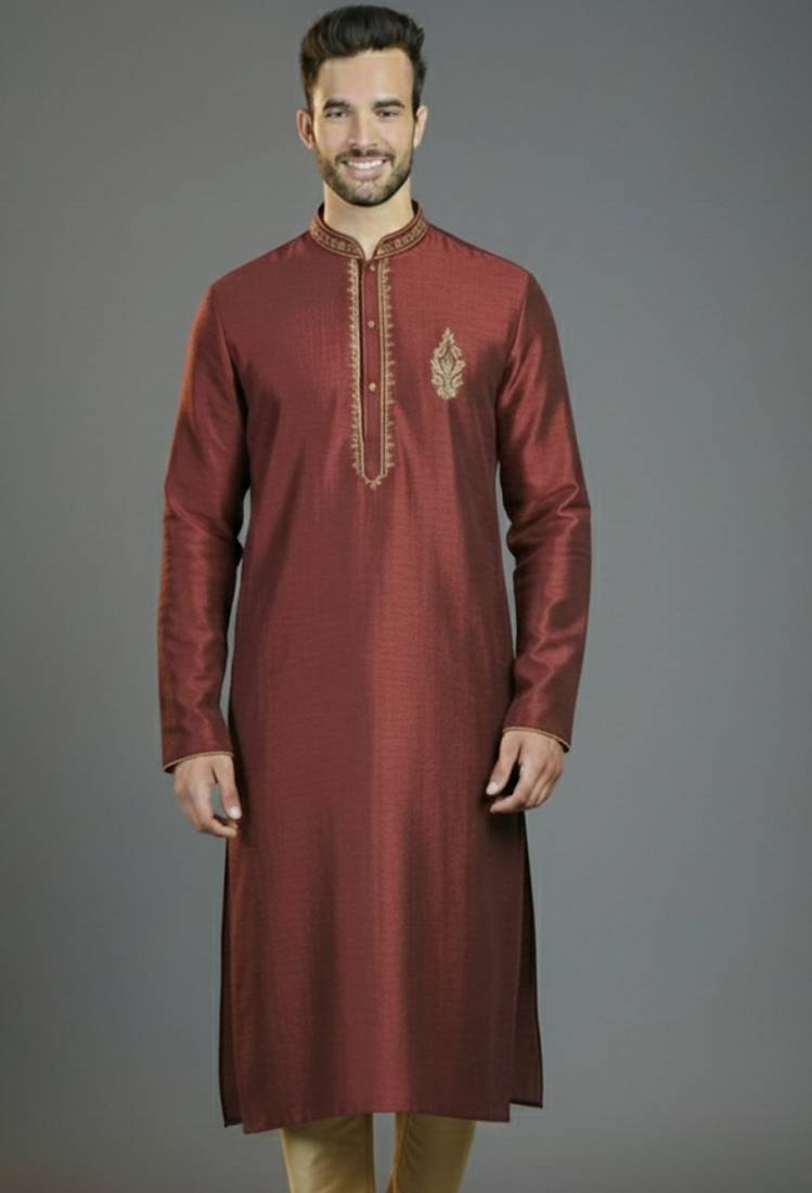 Maroon embroidery dupion silk kurta
