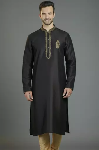 Black embroidery dupion silk kurta