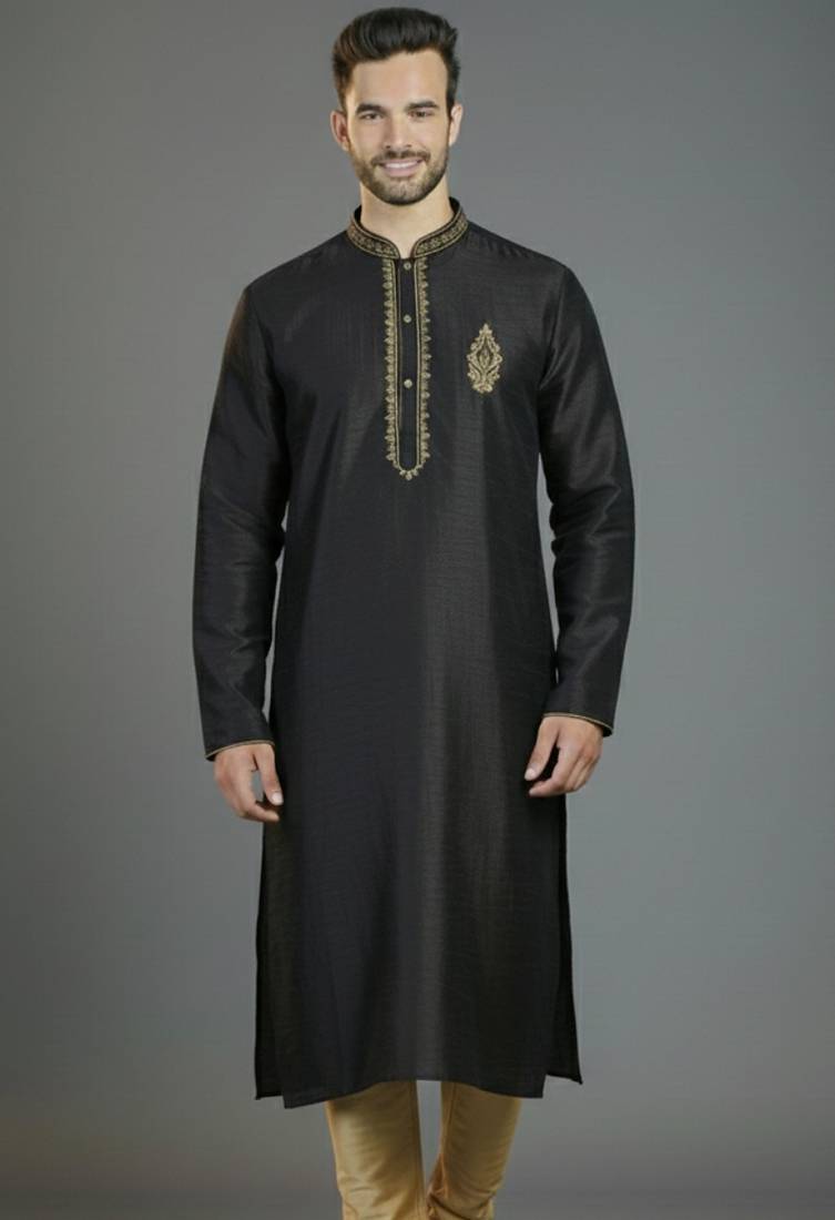 Black embroidery dupion silk kurta