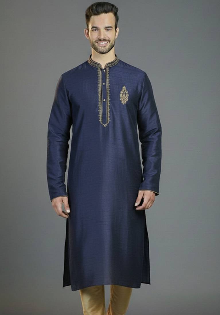 Navy embroidery dupion silk kurta