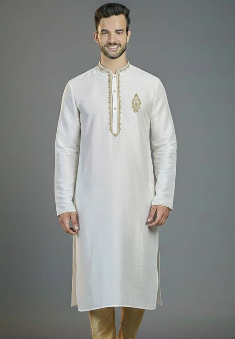 White embroidery dupion silk kurta