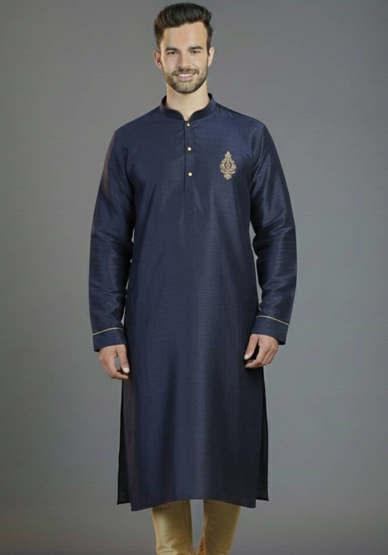 Navy embroidery dupion silk kurta