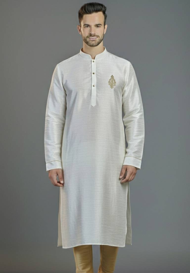 White embroidery dupion silk kurta