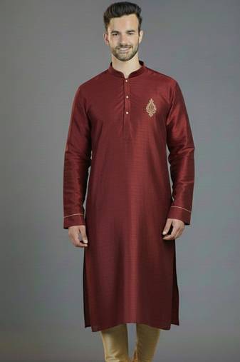 Maroon  embroidery dupion silk kurta