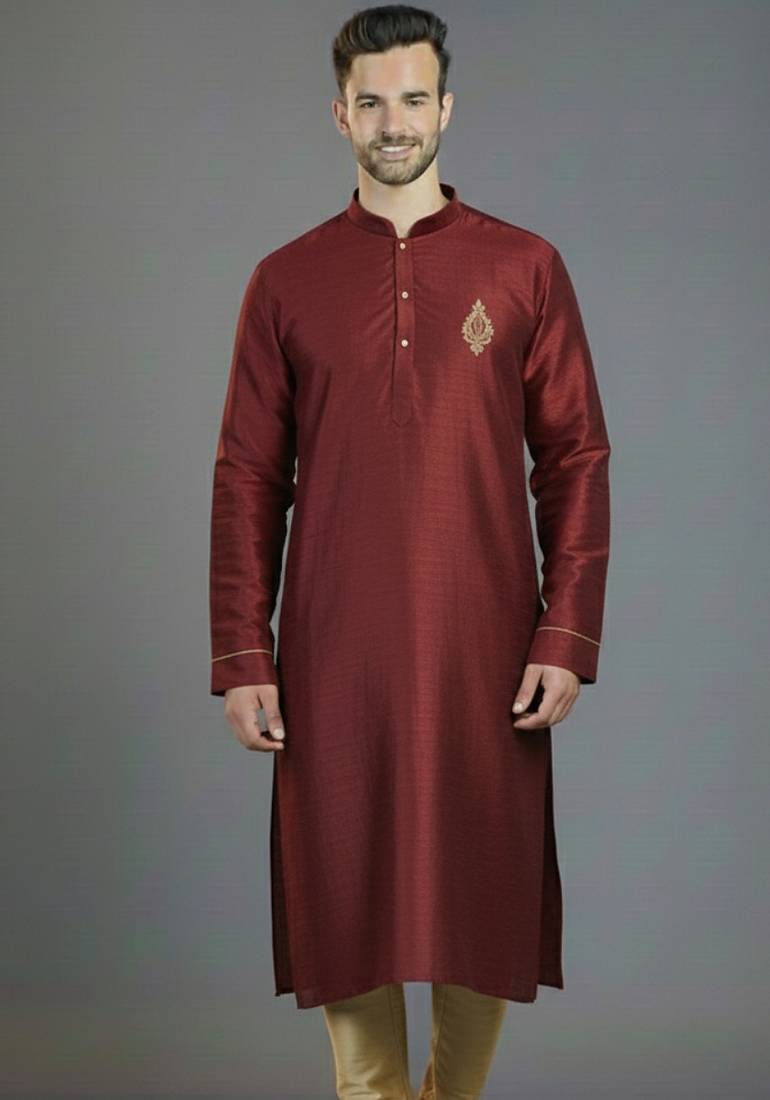 Maroon  embroidery dupion silk kurta
