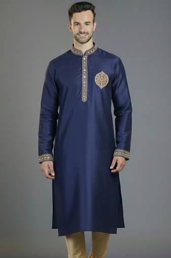 Royal blue embroidery dupion silk kurta