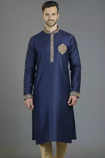 Royal blue embroidery dupion silk kurta