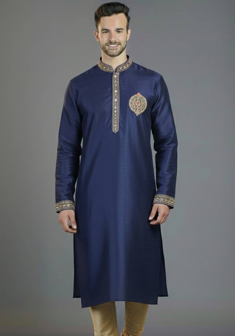 Royal blue embroidery dupion silk kurta