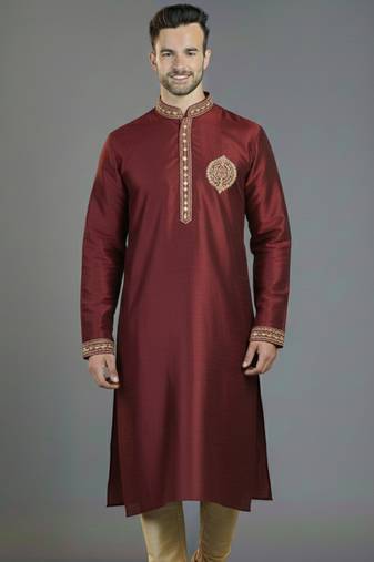 Maroon embroidery dupion silk kurta