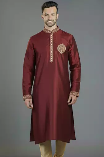Maroon embroidery dupion silk kurta