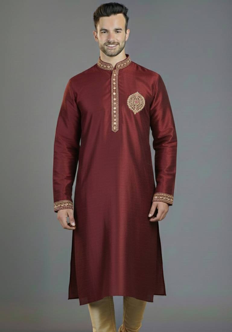 Maroon embroidery dupion silk kurta