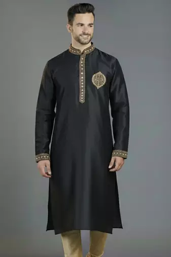 Black embroidery dupion silk kurta
