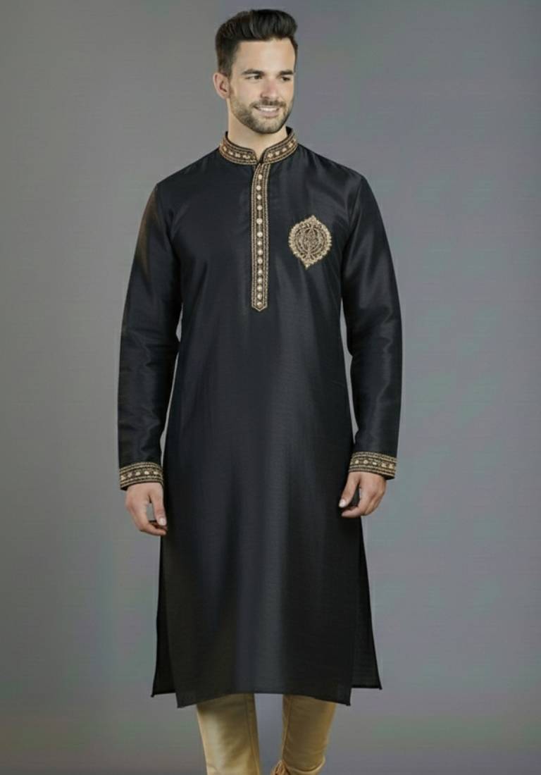 Black embroidery dupion silk kurta