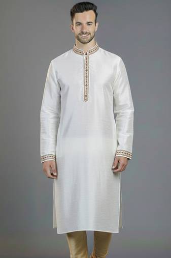 White embroidery dupion silk kurta