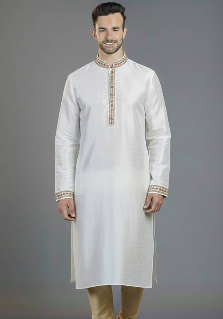 White embroidery dupion silk kurta