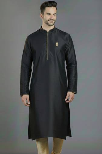 Black embroidery dupion silk kurta