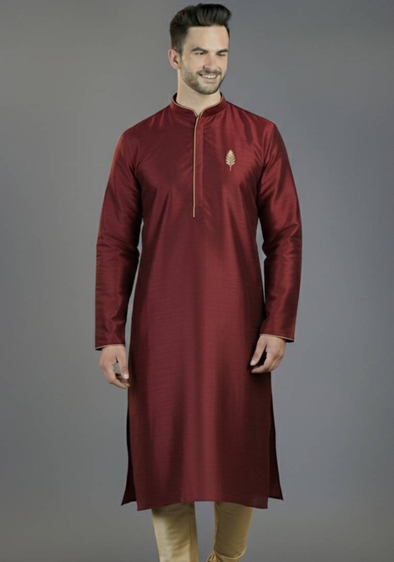 Maroon embroidery dupion silk kurta