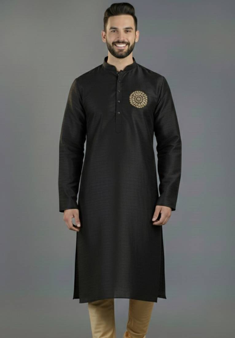 Black embroidery dupion silk kurta