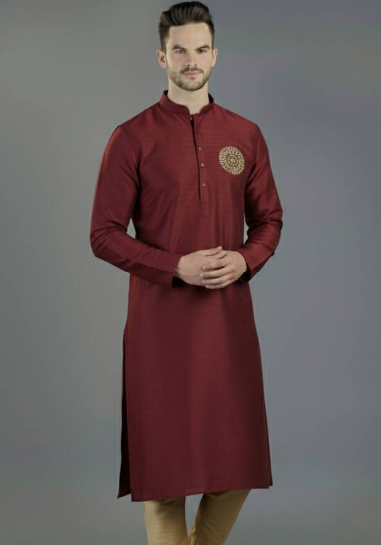 Maroon embroidery dupion silk kurta