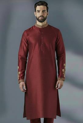 Maroon embroidery dupion silk kurta 1
