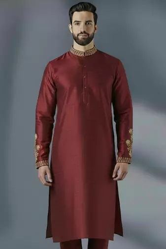Maroon embroidery dupion silk kurta
