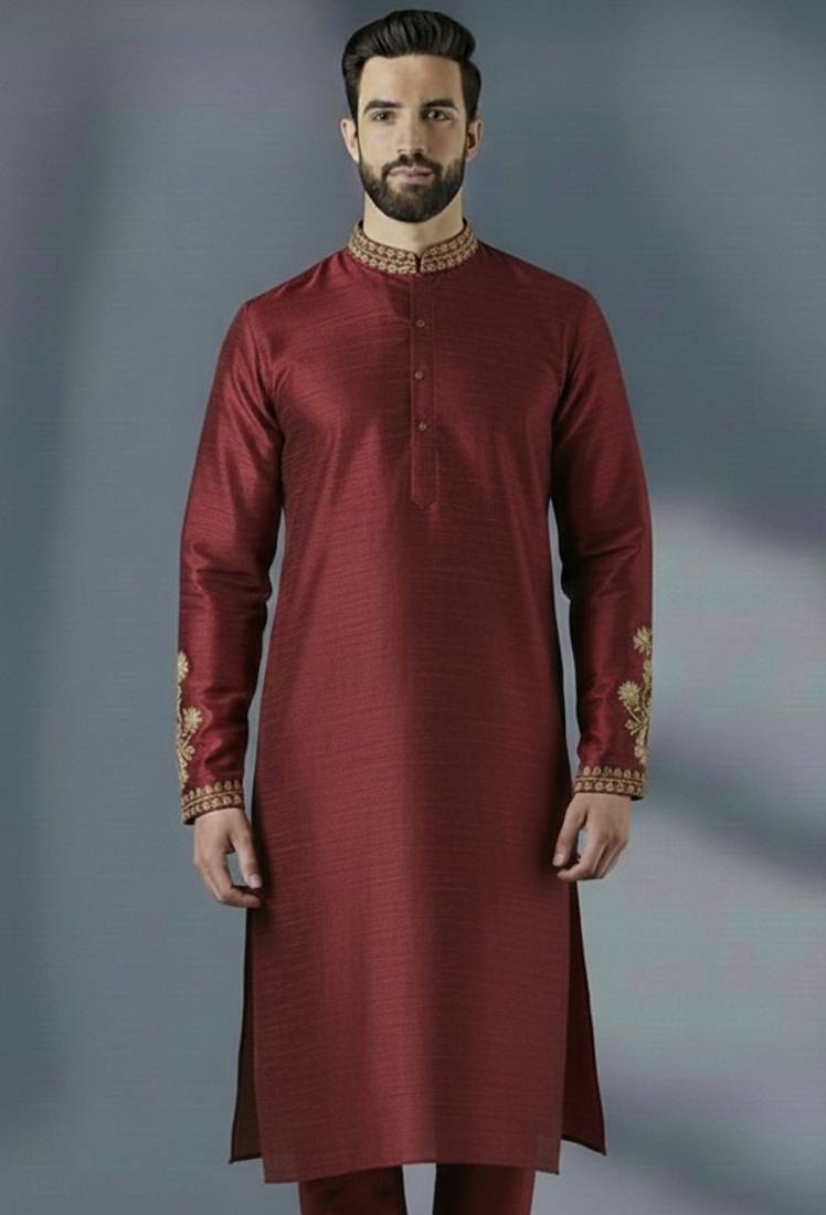 Maroon embroidery dupion silk kurta