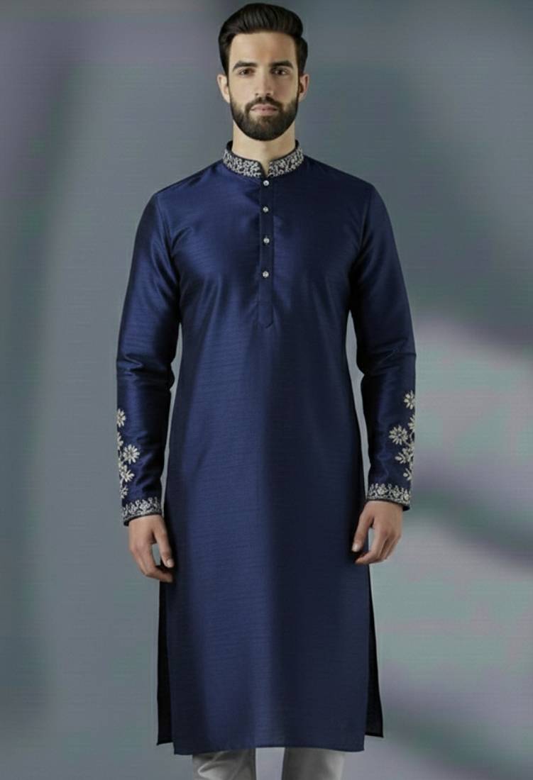 Navy embroidery dupion silk kurta